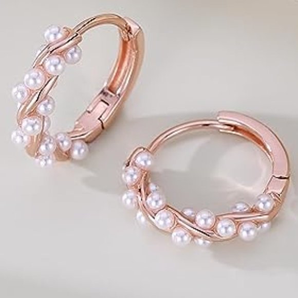 Rose Gold Pearl Twist Vines Hoops Pretty Wedding Little Hoop Earrings Pearls New - Picture 8 of 9